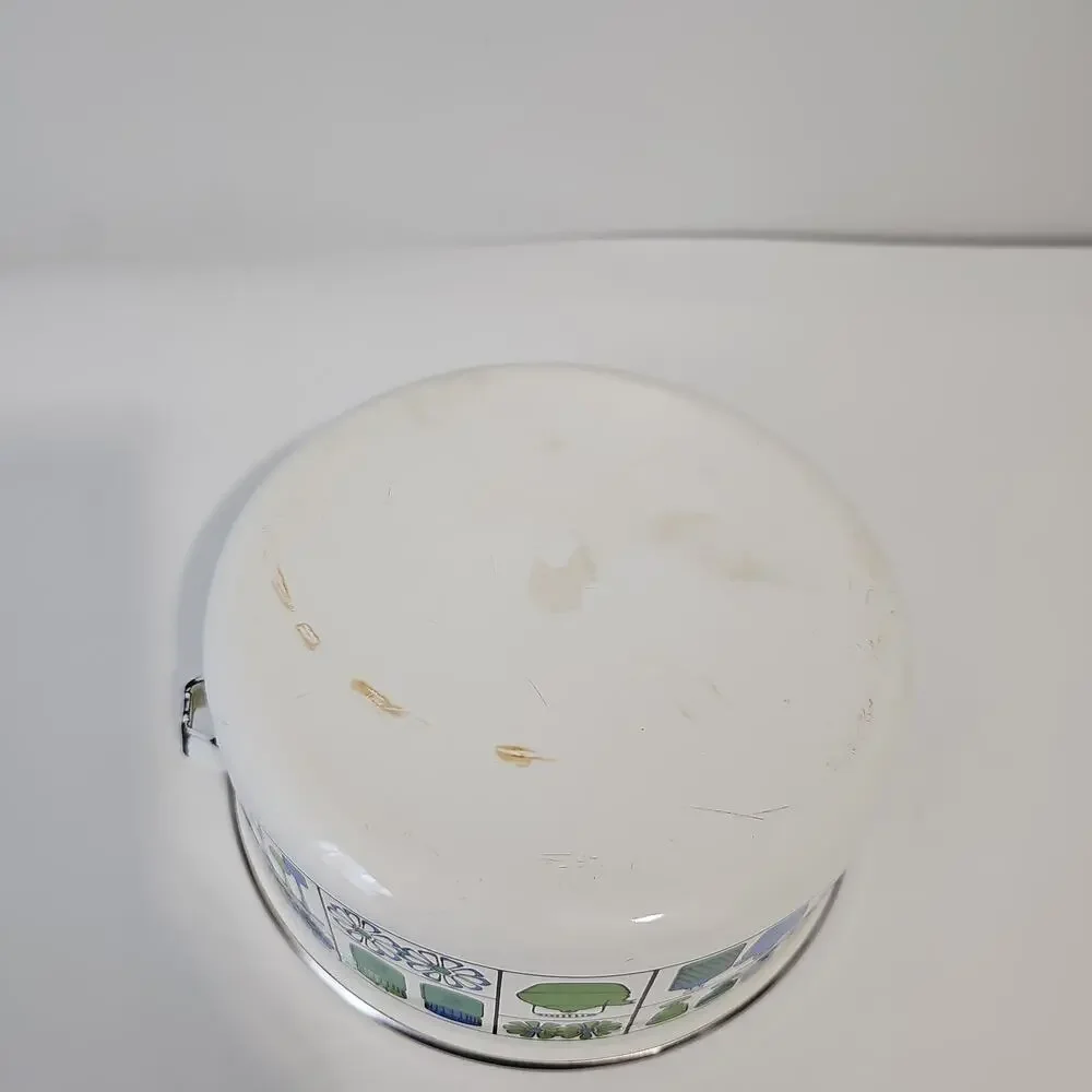 vintage MCM Enamelware Pot Retro 70s Fower Power Cookware Green Blue